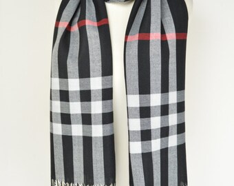 Black Tartan Plaid Check Scarf/Wrap/Shawl/Cover Up/Sarong/Over Size