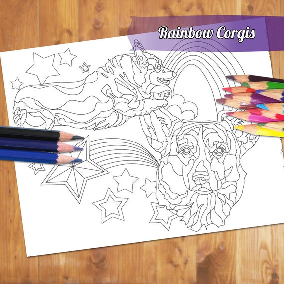  Dog  Adult Coloring  Page  Rainbow  Corgi Coloring  Book