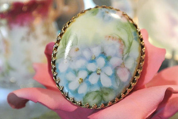 Porcelain Brooch Hand Painted Antique 1930s 1940s Brooch Flowers Floral Artisan Hand Crafted Pre War Era Jewelry Wedding Bride Spring Pin