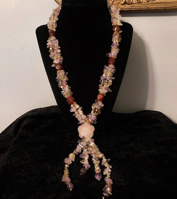 BOHO Rose Quartz Necklace Medallion Carnelian Agate Baroque Dyed Keshi Pearls Peridot Amethyst Citrine Smoky Crystal Quartz Chic Bohemian