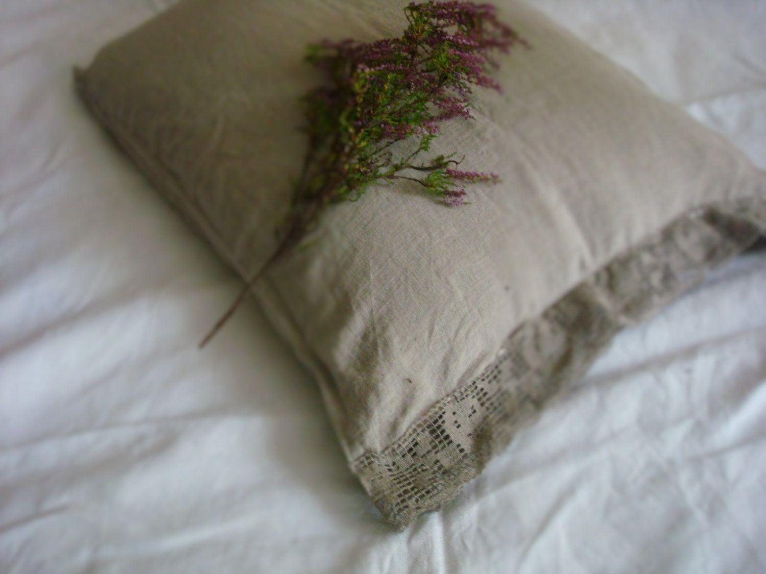 Gray linen pillowcase with linen lace stonewashed linen pillow