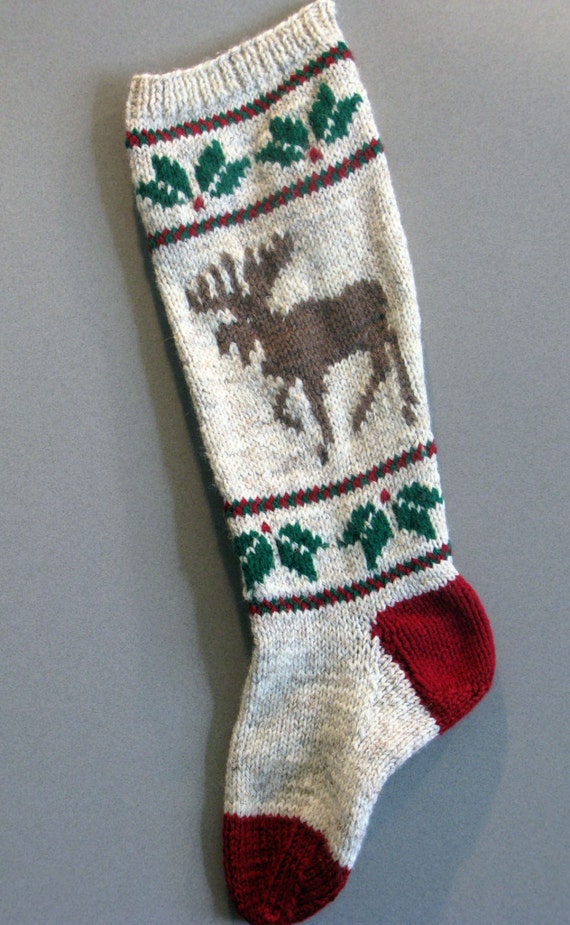 Hand Knit Moose Holiday Christmas Stocking