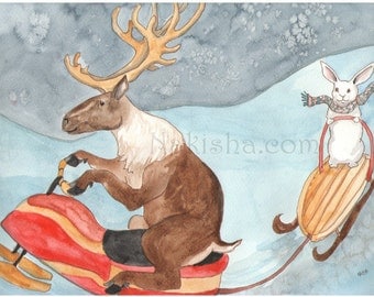 Caribou on a Snowmobile - Watercolor Rabbit Painting