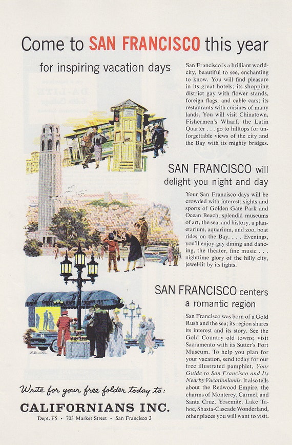 Travel Ad 1950s Vintage California Travel Ad San Francisco