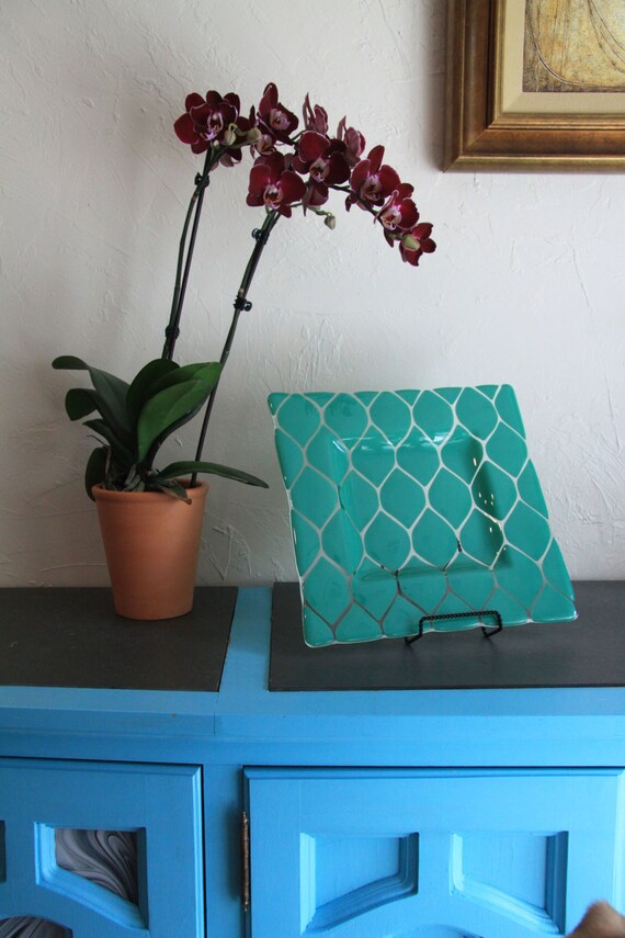 Fused Glass Platter in Teal and Clear