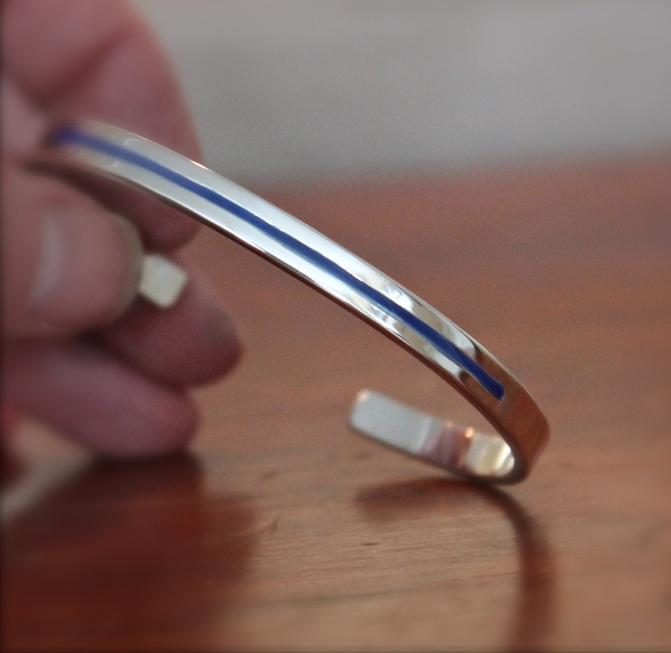 Thin blue line police bracelet. Sterling silver. Inlay.