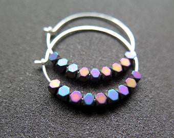 rainbow hematite hoops. sterling silver hoop earrings. geometric jewelry.