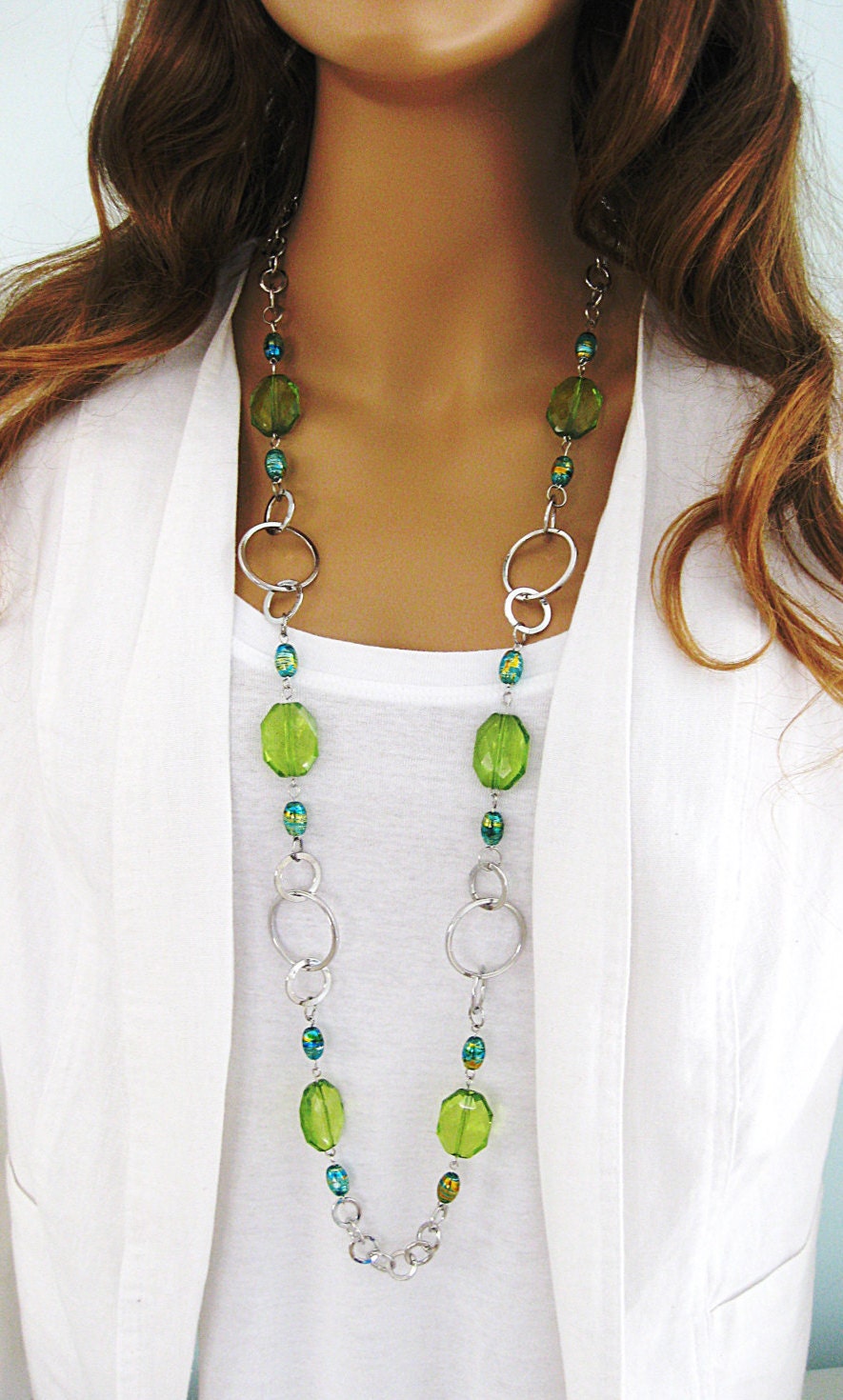 Long Green Necklace Green Beaded Necklace Silver Chain 2292