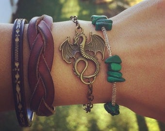 Dragon Layering Bracelet / Antique Brass Bronze / Pick your length / dragon Lover Jewelry Gift / Renaissance Festival Faire Boho Hippie
