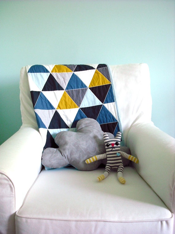 Baby Boy Quilt in Teal and Multi Color Triangles baby boy