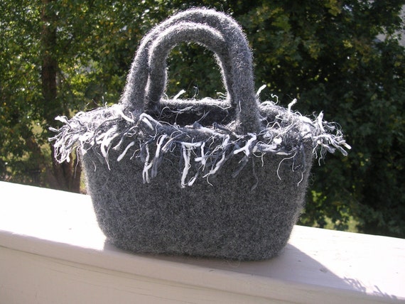 Gray Felted Wool Tote With Snap , 2 Handles and Frizzle Trim 50 % -" MAYSALE" code,