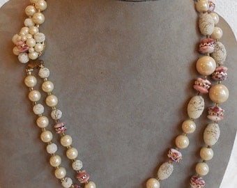 Ivory & Pink 2 Strand Choker Necklace and Earrings w/ Venetian Dew Beads MCJ39