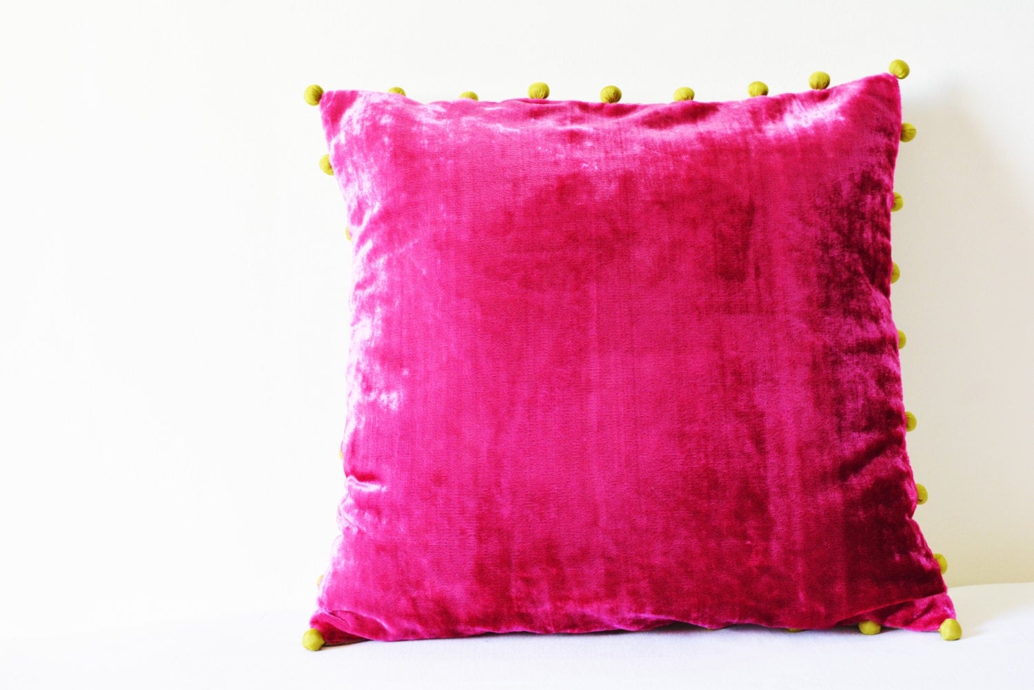 Hot Pink Velvet Pillow with Pom Poms Fuchsia Velvet Cushion