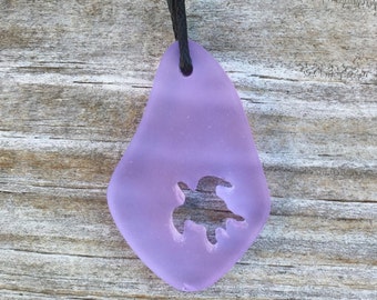 Carved Honu Turtle Sea Glass Necklace Pale Purple Lavender Lilac Beach Boho Chic Hawaiian Island Style by Wave of Life™