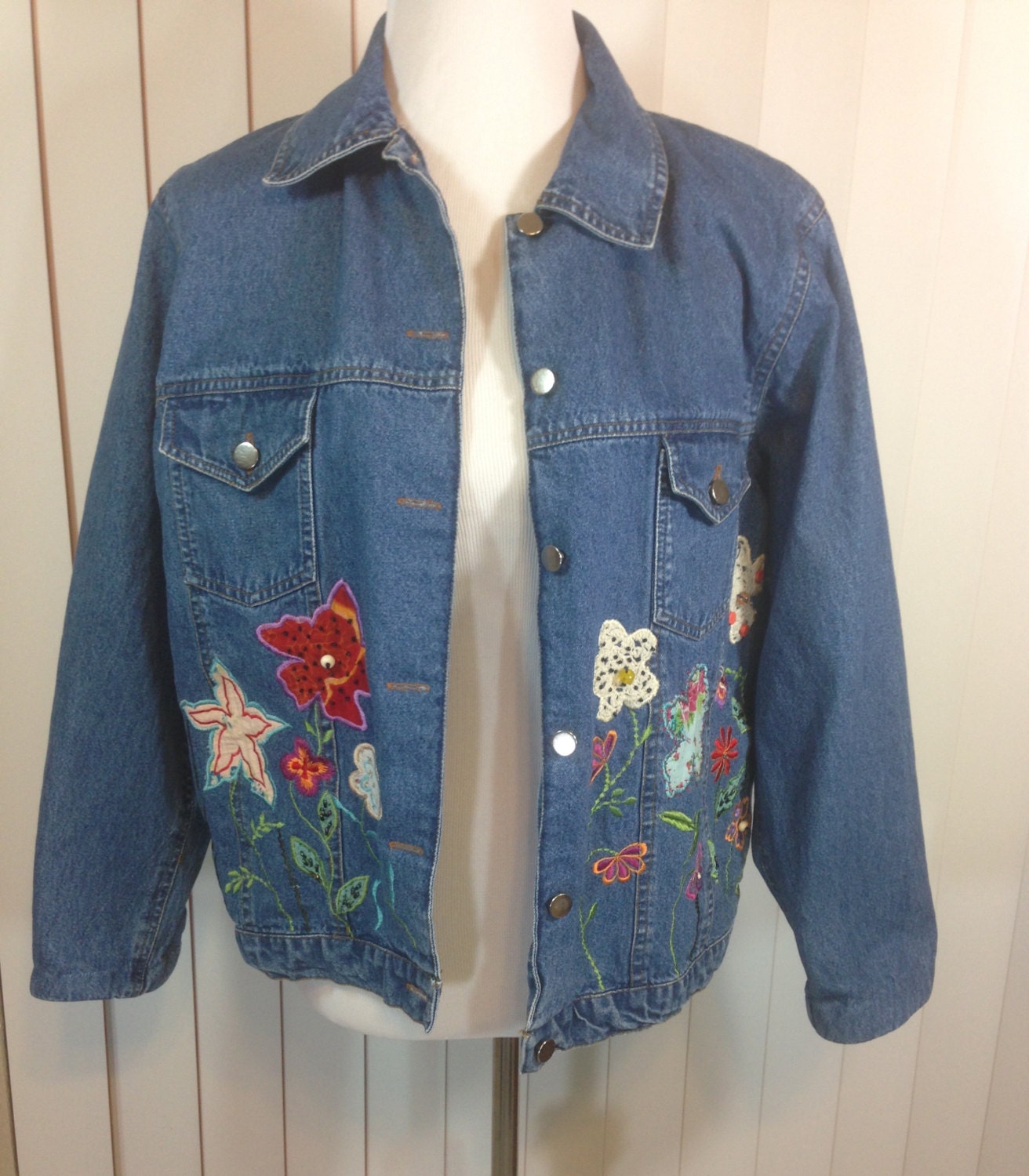 Vintage Jean Jacket with Embroidered Flowers, Crochet and Cotton ...