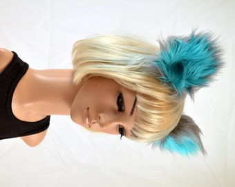 Cheshire Cat Inspired Clip On Ears in Blue and Gray Faux Fur
