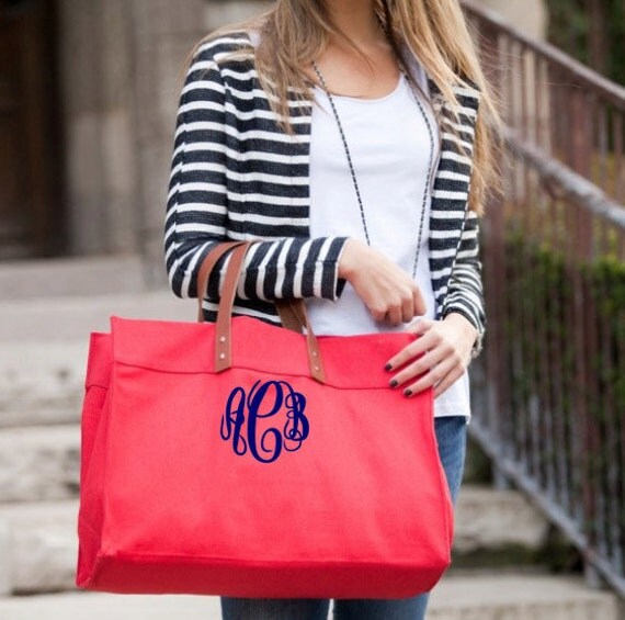 Leather Handle Monogrammed Canvas Tote