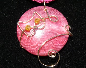 Gold Wire Cat on Rhodochrosite Pendant Necklace