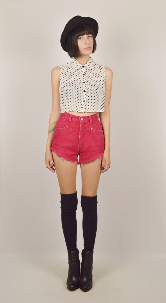 Red High Waisted Denim Cut Off Jean Shorts XS by StellarVintique