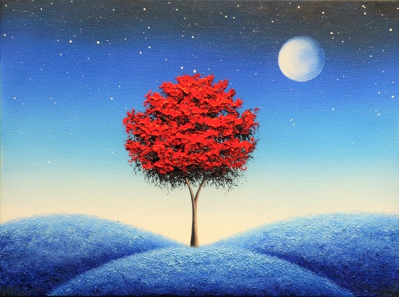 Whimsical Art Print of Blue Night Dreamscape, Full Moon Art, Red Tree, Surreal Landscape, Fantasy Wall Art, Magical Nightscape Surrealism