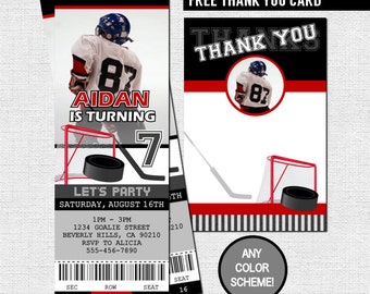 HOCKEY TICKET INVITATIONS + Free Thank You Card Birthday Party (print your own) Any Color! Personalized Printable File