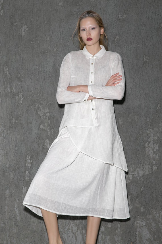 Woman's White Linen Shirt Asymmetrical Sheer Long