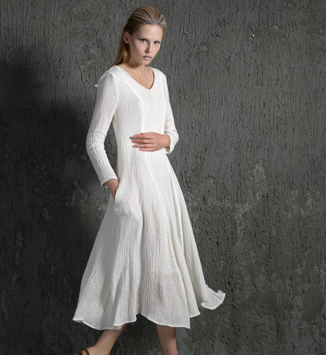 White Linen Dress Classic Elegant Floaty Fit And Flare Party 