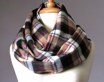 Tartan scarf, plaid scarf, Beige infinity scarf, Christmas scarf, winter scarf , warm scarf