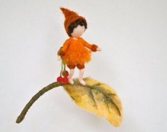 Autumn Gnome Waldorf inspired needle felted wall hanging : Gnome and yellow leaf