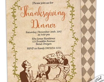 Thanksgiving dinner invitation, Vintage elegant Thanksgiving invite. Digital printable Thanksgiving invitation. DIY personalized custom.