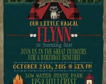 Great Outdoors/ Camping/ Woodland/ Bonfire Birthday Invitation, Digital, 5x7 JPEG
