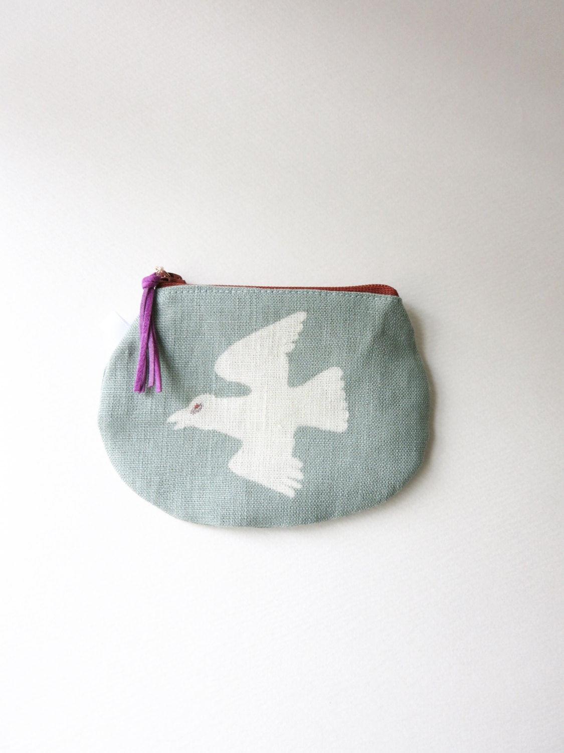 Linen zip purse bird purse bird print handprint