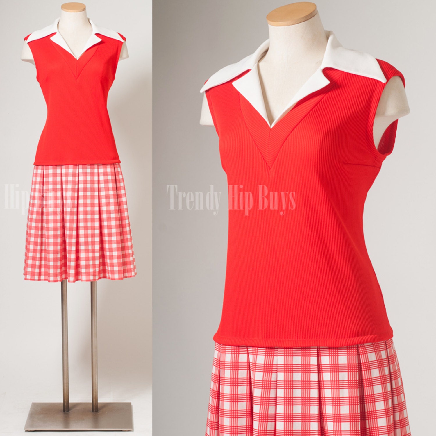 Vintage 70s dress, vintage Red dress, Vintage Plaid Dress, pleated