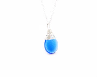 Cobalt Blue Glass Teardrop Wire Wrapped Briolette Sterling Silver Necklace - Gift for Her