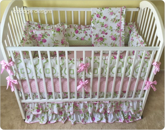 Pink & Green Floral Roses Vines Baby Nursery Crib Bedding Set