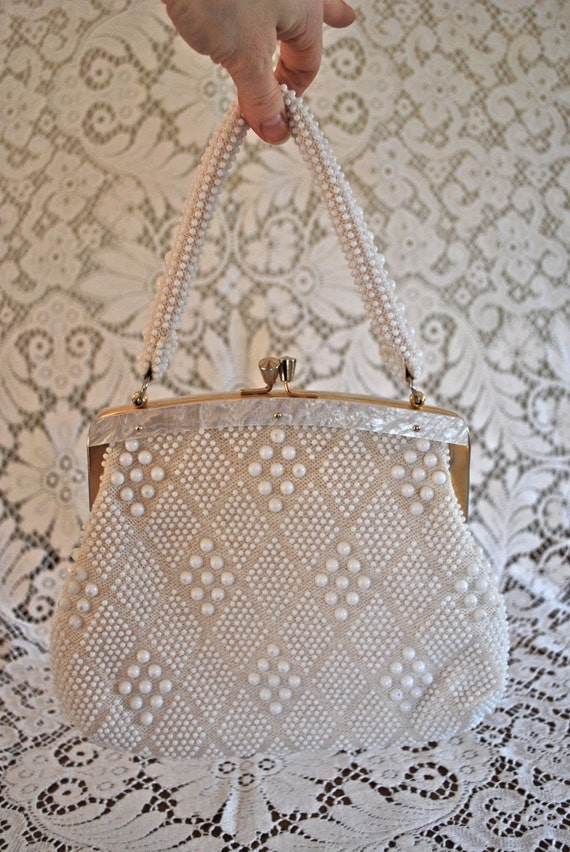 Vintage 60s evening bag. 1960s beaded purse. 60s white beaded clutch ...