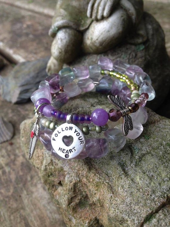Follow Your Heart: three wrap memory wire beaded bracelet with metal stamped charm