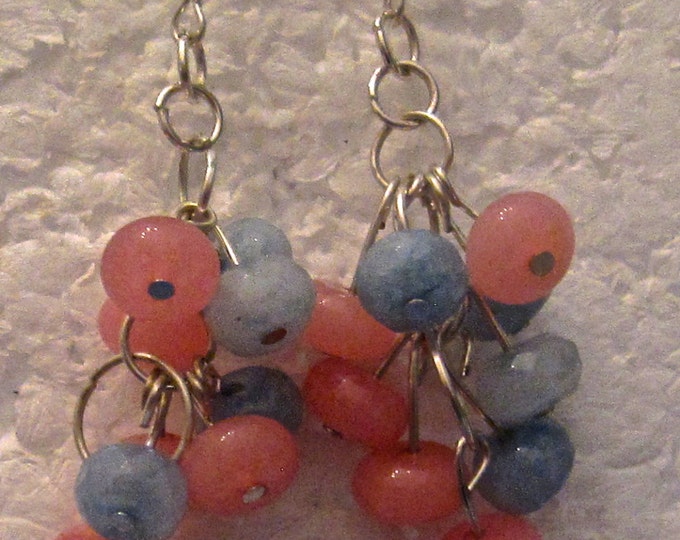 Natural Cluster of Pink Morganite and Blue Aquamarine Earrings, Sterling Silver French Hooks, 2" Long E86
