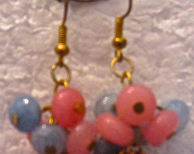 Natural Cluster of Pink Morganite and Blue Aquamarine Gold French Hook Earrings E87