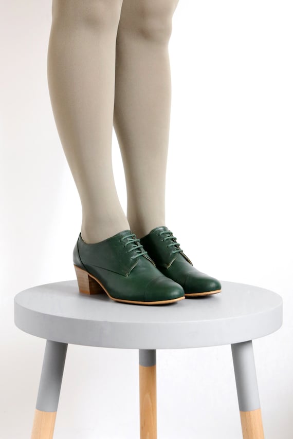 Women's shoes handmade Green leather darby chunky heels