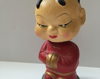Vintage Asian Bobble Head Figure-Made in Japan-Red/Gold/Jeweled Eyes