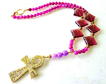 Raspberry Jade Egyptian Ankh Necklace, Gemstone Beaded Statement Necklace, African Inspired Necklace