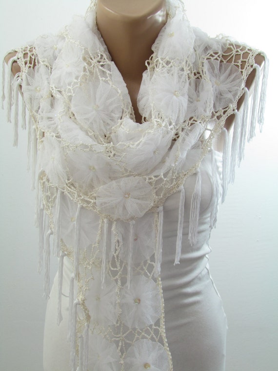 White Wedding Scarf Shawl Wrap Tulle Shawl Scarf For by ScarfClub