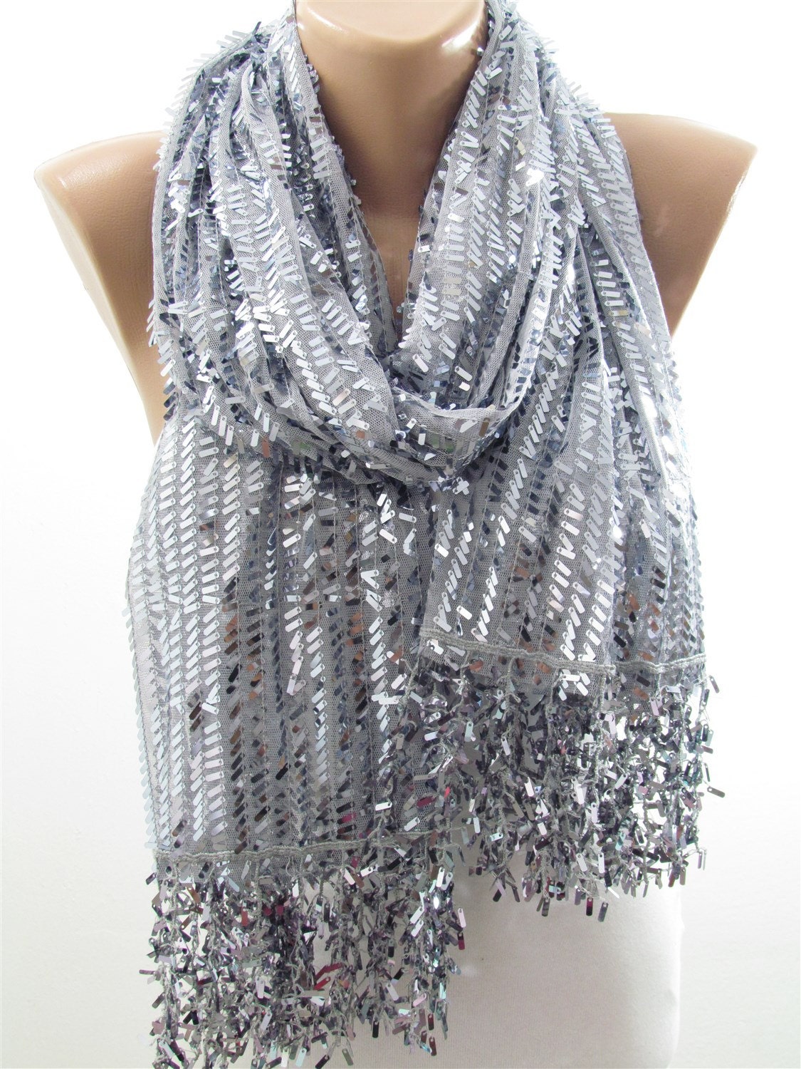 Metallic Gray Scarf Shawl Silver Sequin Scarf Sparkle by ScarfClub