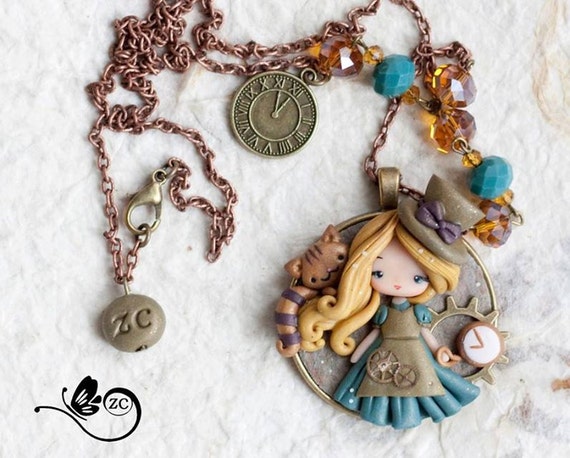 polymer clay necklace / steampunk Alice / disney / princess / clay by ZingaraCreativa steampunk buy now online