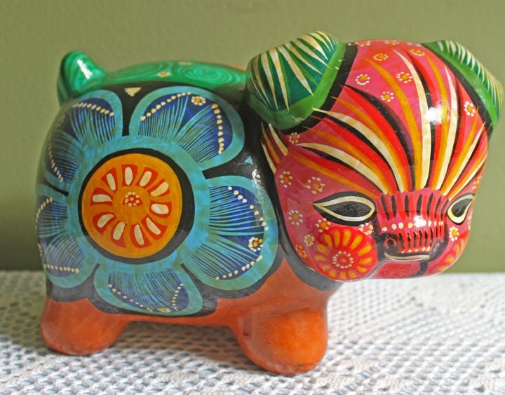 Piggy Bank. Pottery Piggy Bank with Hand Painted Mexican Art