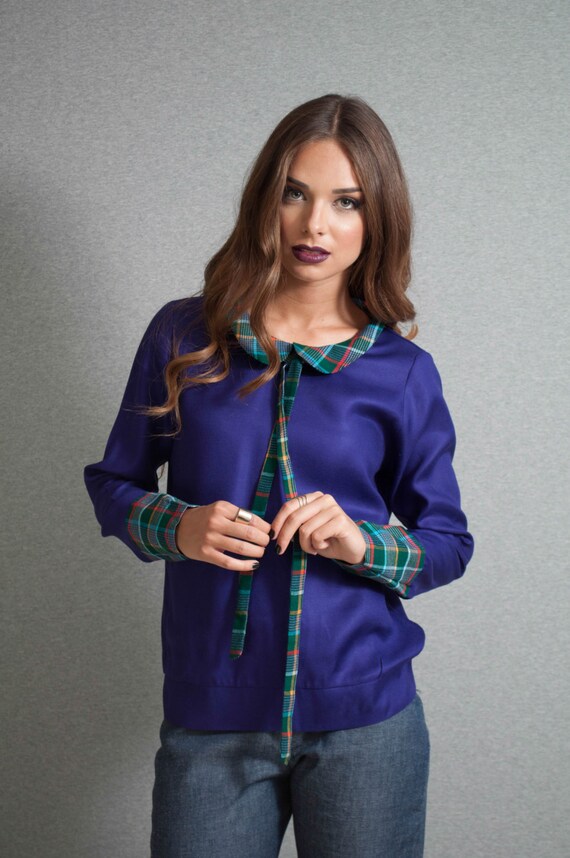 Purple blouse plaid collar blouse cuffs blouse slim neck