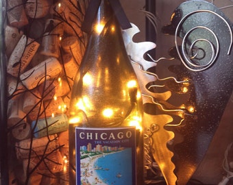 Vintage Chicago Postcard Wine Bottle Light