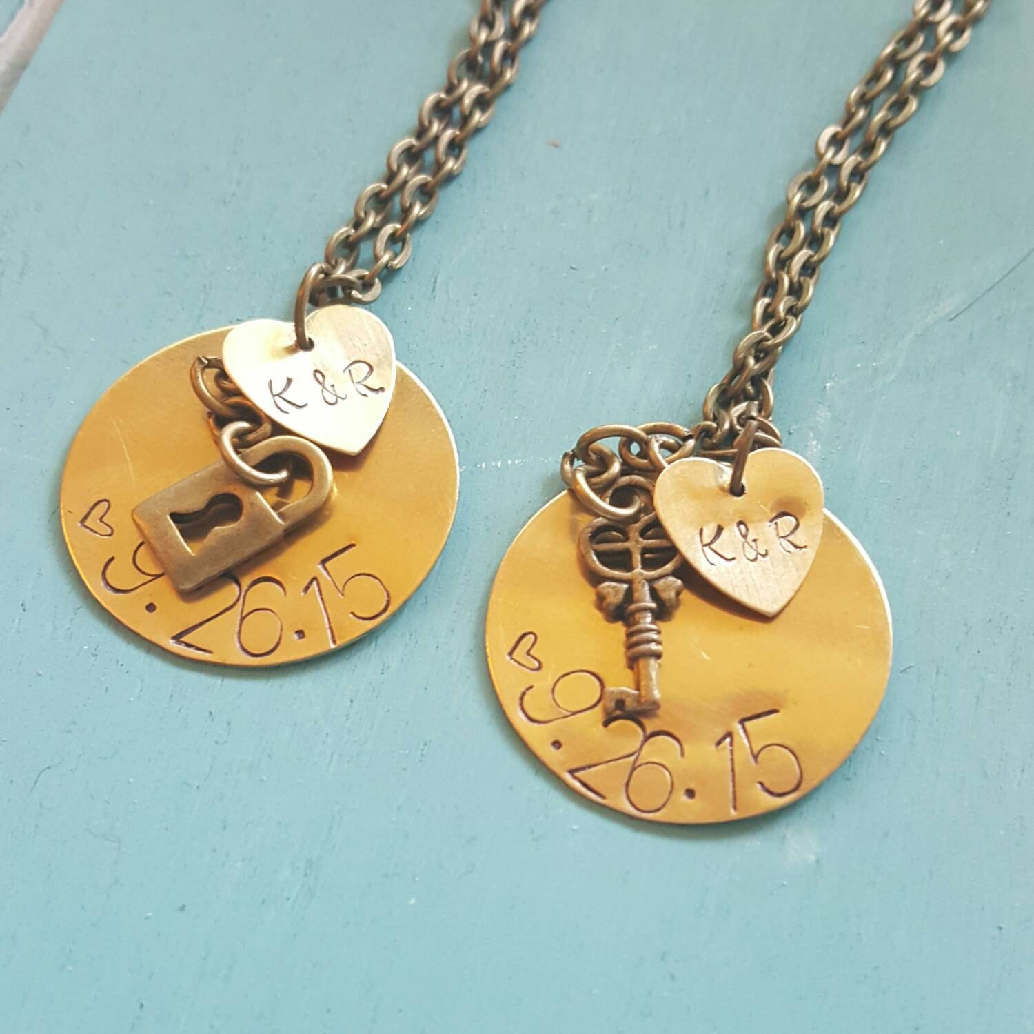 Customizable Necklace Set with Lock and Key charms Couple