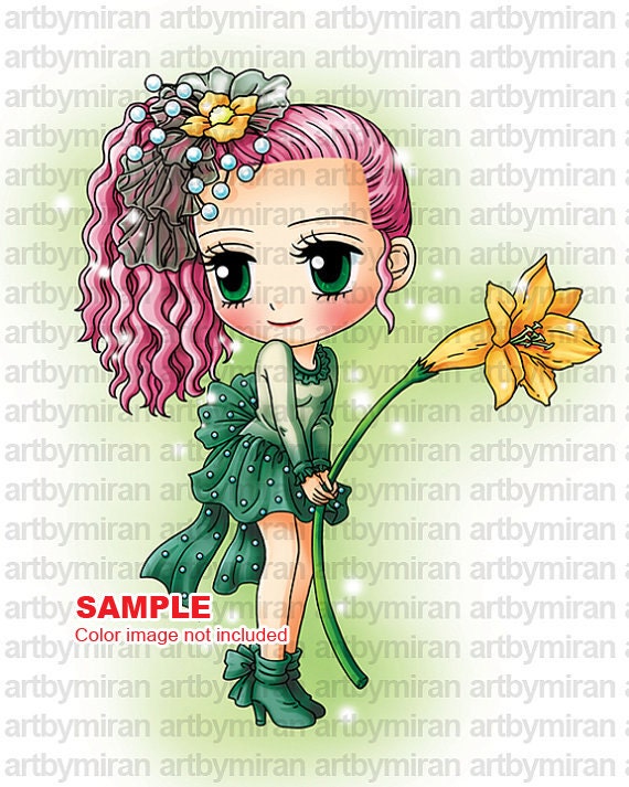 Digital Stamp - Jacque with Lily, Digi Stamp, Coloring page, Printable Line art for Card and Craft Supply